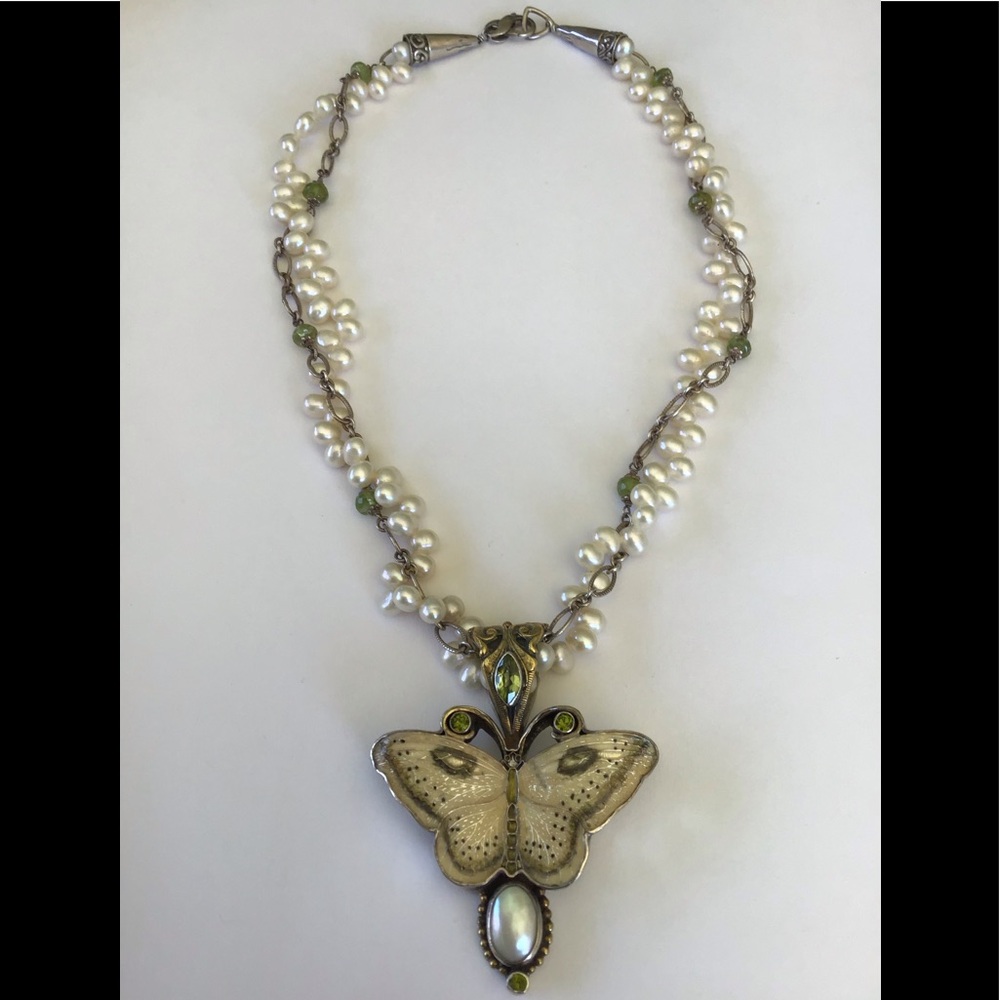 Pearl and Peridot Butterfly Pendant Necklace - White and Green